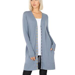 ZENANA Long Sleeve Snap Front Cardigan Sweater With Pockets Dusty Blue L NWT